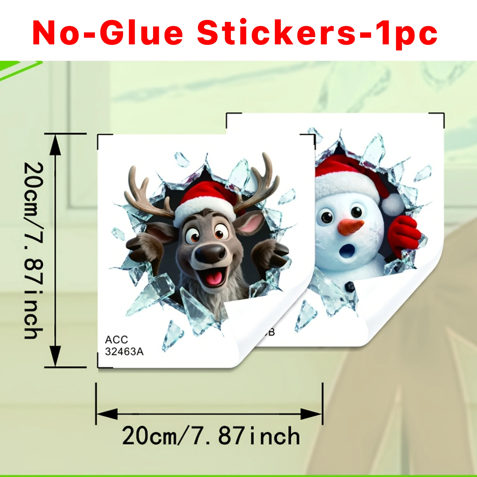 2PCS Window Stickers Christmas 2D Broken Glass Reindeer Snowman Static Cling Removable Waterproof Decals Home Holiday Decor