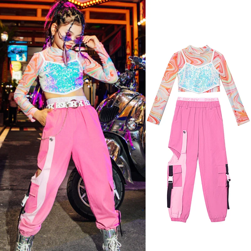 

Sequins Jazz Dance Costume Kpop Outfit Tie Dye Tops Pink Cargo Pants Hip Hop Dancing Clothes Kids Rave Festival Clothing YS4130