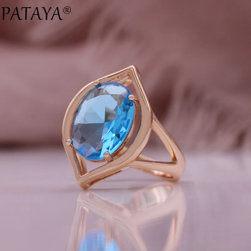 PATAYA Blue Zircon Women 585 Gold Rose Color Round Cubic Zircon Pendant Earrings Rings Sets Optional Necklace Chain Jewelry