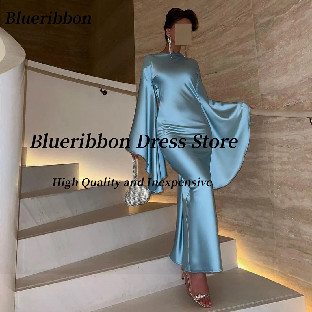 

Blueribbon Sky Blue Prom Dresses Criss Cross Sexy Backless Robe Des Cocktail Dress Long Sleeves Evening Gowns Saudi Arabia Women