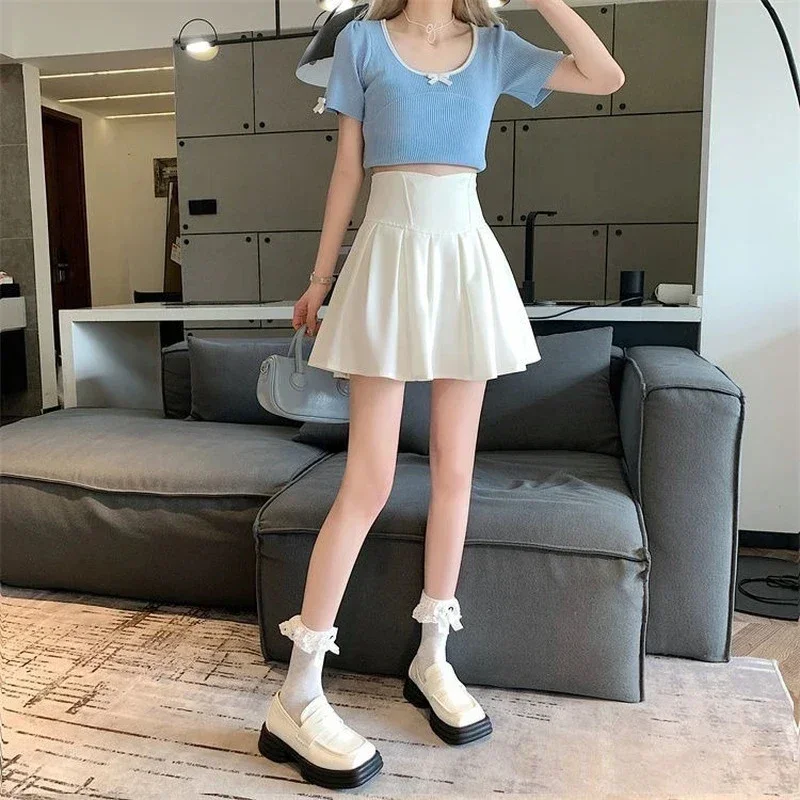 Korean Pleated Mini Skirts Women Preppy High Waist Solid A Line Skirt Student Streetwear Fashion Casual Basic Slim Skirts L619