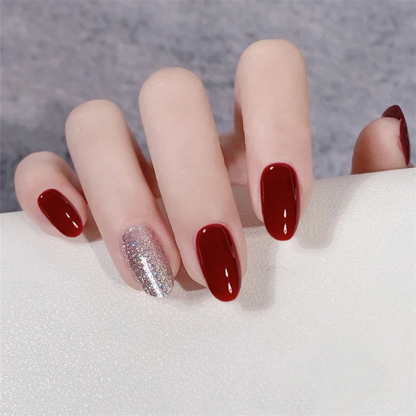 24PCS/set Medium-length Almond Acrylic Shiny Wearable Fake Nails Finished Product Full Coverage Removable Press on Nails Art Tip