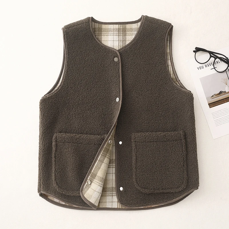 

Женский жилет из меха ягненка, двусторонняя одежда, теплое пальто в стиле ретро, верхняя одежда из хлопка, 00% круглый, на одной пуговице