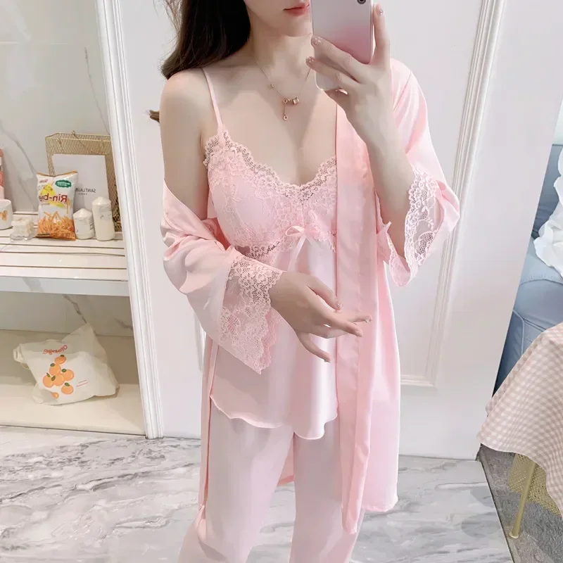 Satin V-Neck Home Sleep Sleepwear 3PCS White Robe Women Trouser Pajamas Lingerie Nightsuits Top Spring Suit Clothes Lace Set