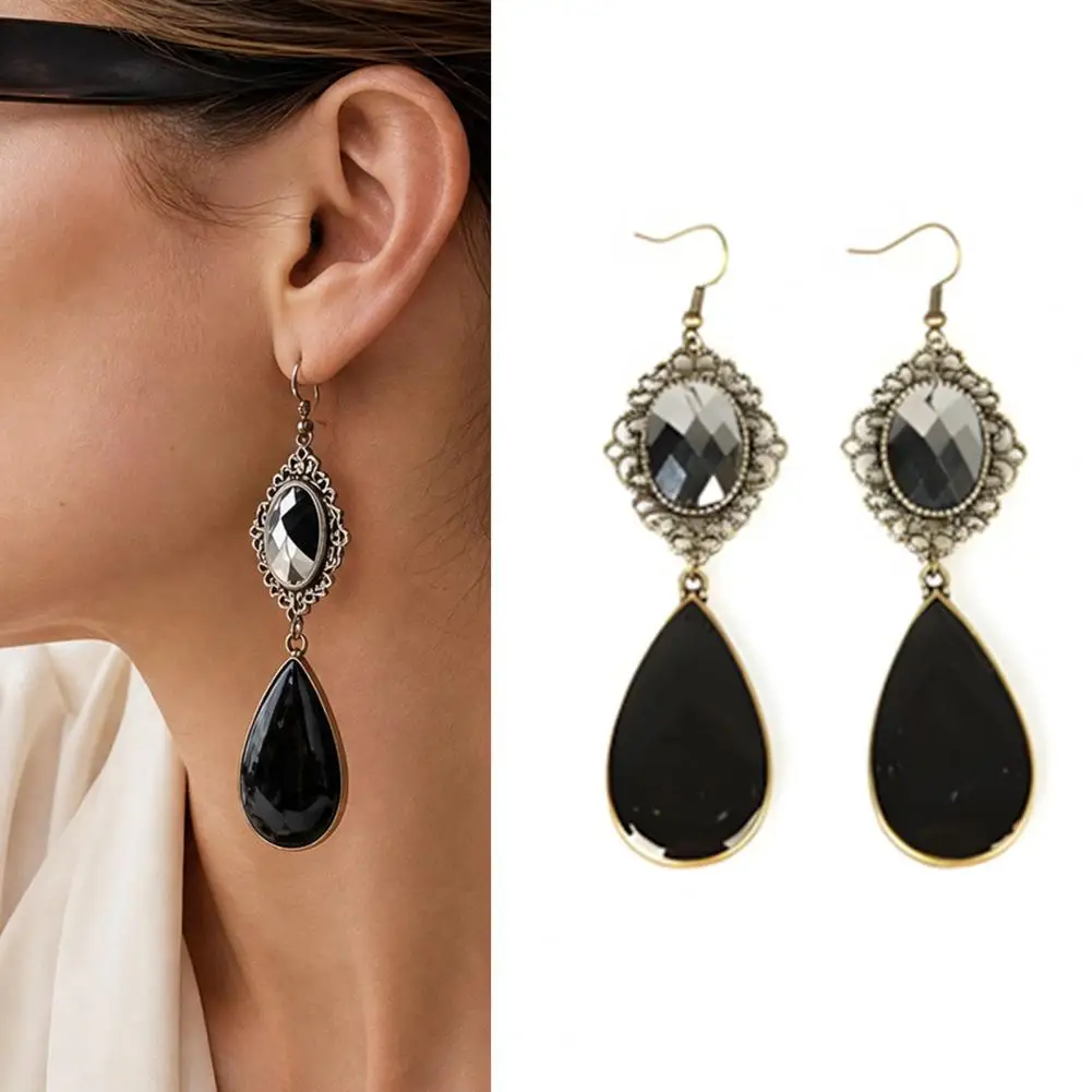 Face Earrings 1 Pair Hook Earrings Water Drop Imitation Gemstone Jewelry Hollow Lace Metal Frame Accessories Double-layered