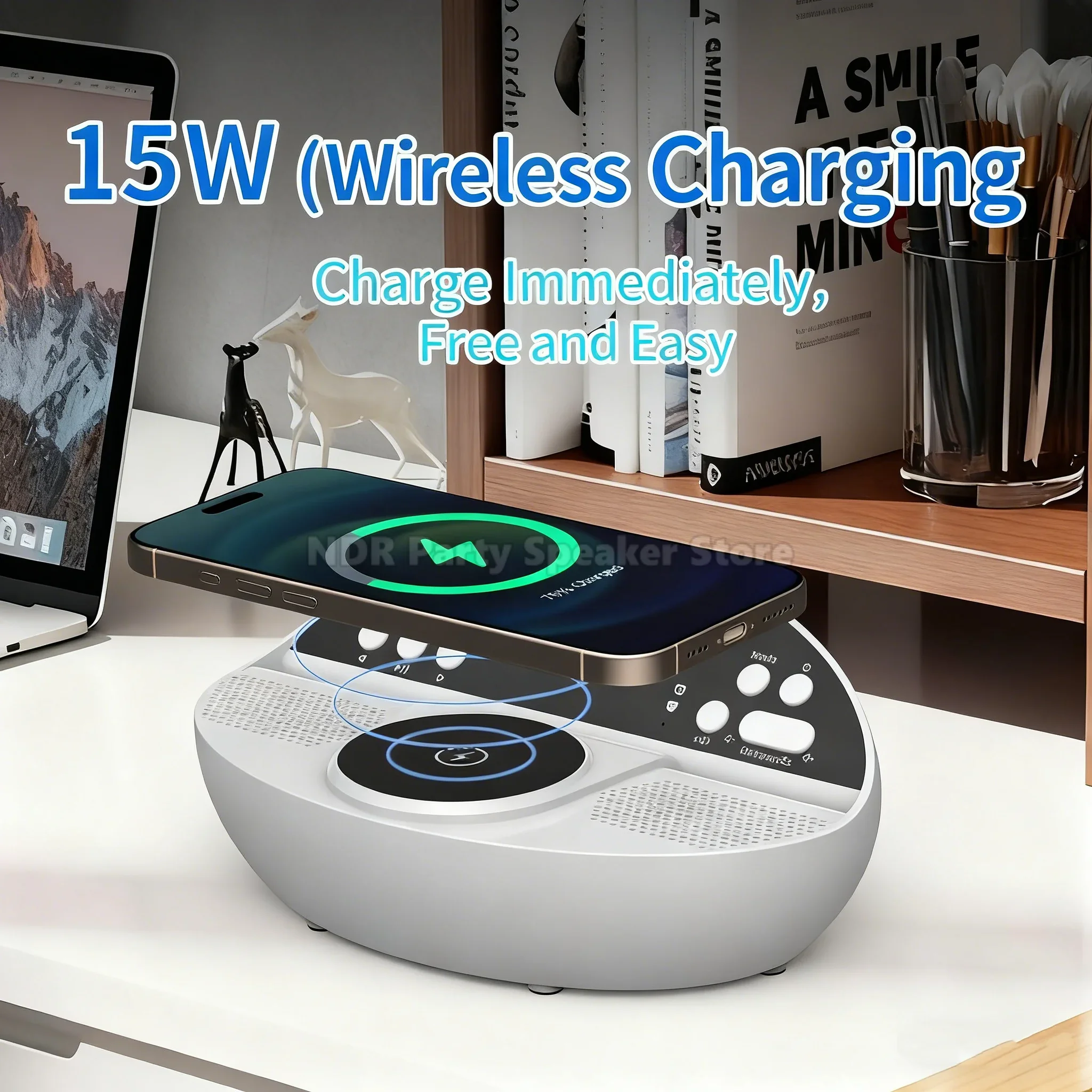 

Беспроводное зарядное устройство WD-101 + Bluetooth-динамик + будильник, быстрая беспроводная зарядка 15 Вт, FM-радио, стереозвук для дома/офиса/путешествий