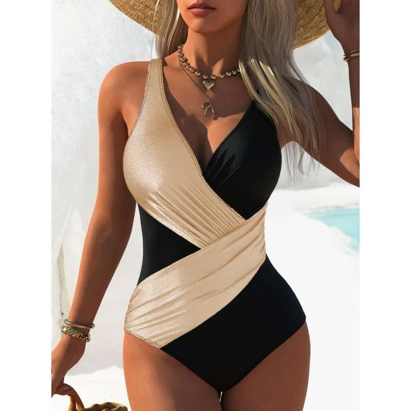 

Hot Spring Vacation Women's One-Piece - 2025 New Ins Style Color Block Deep V Cross Detail Tummy-Control Swimwear for Beach