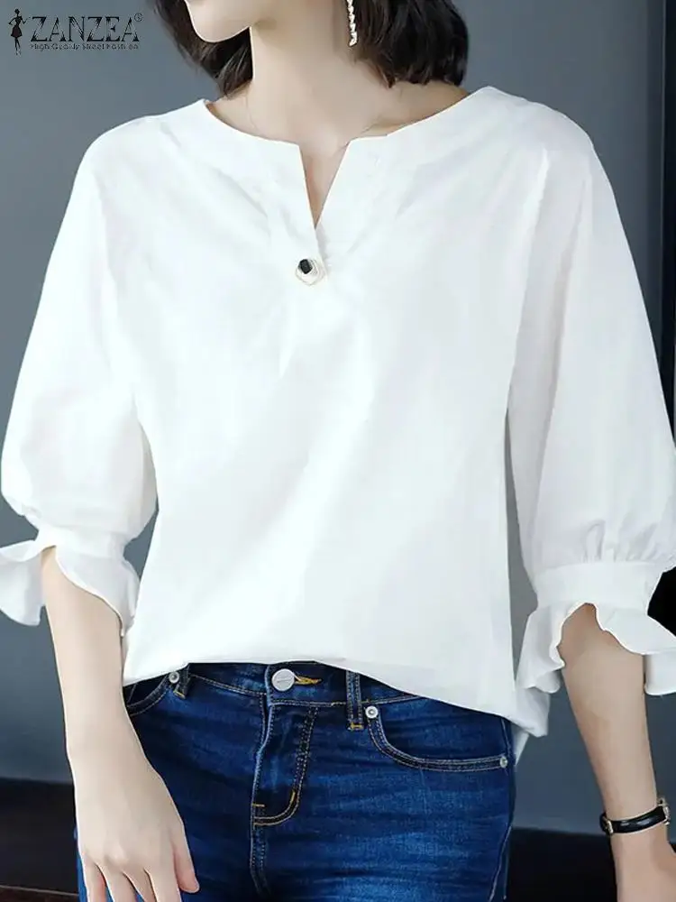 

ZANZEA Casual Office Lady Blusa Work Solid Color 2024 Summer V Neck Shirt Women Stylish Party Elegant Blouse Lantern Sleeve Tops