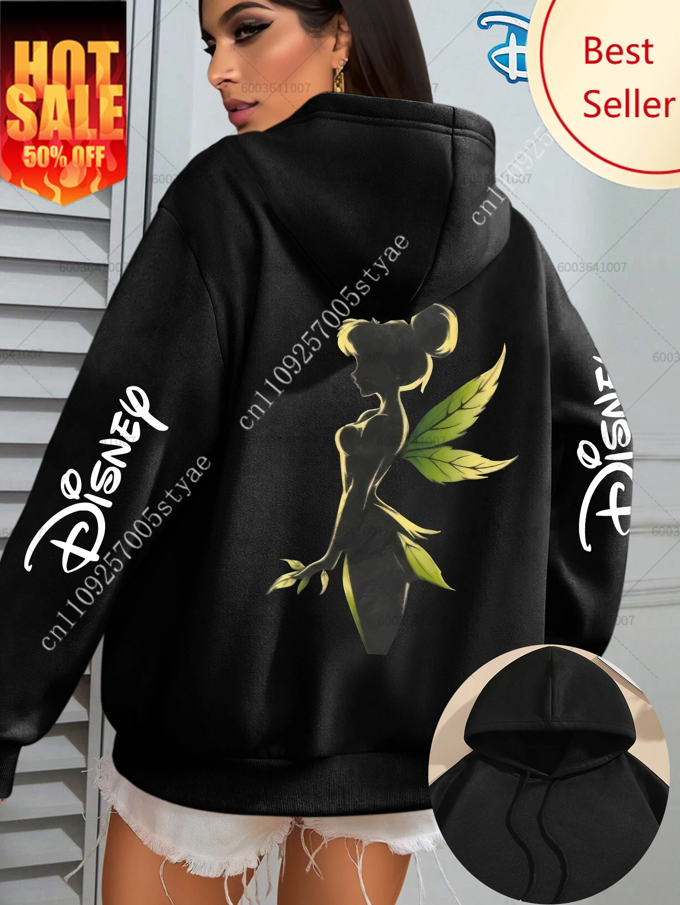 

Disney Women's Sparkling Tinker Bell & Stars Fleece Hoodies Cotton Hoody Sweatshirt Pullover Autumn Winter Oversize Long Sleeves
