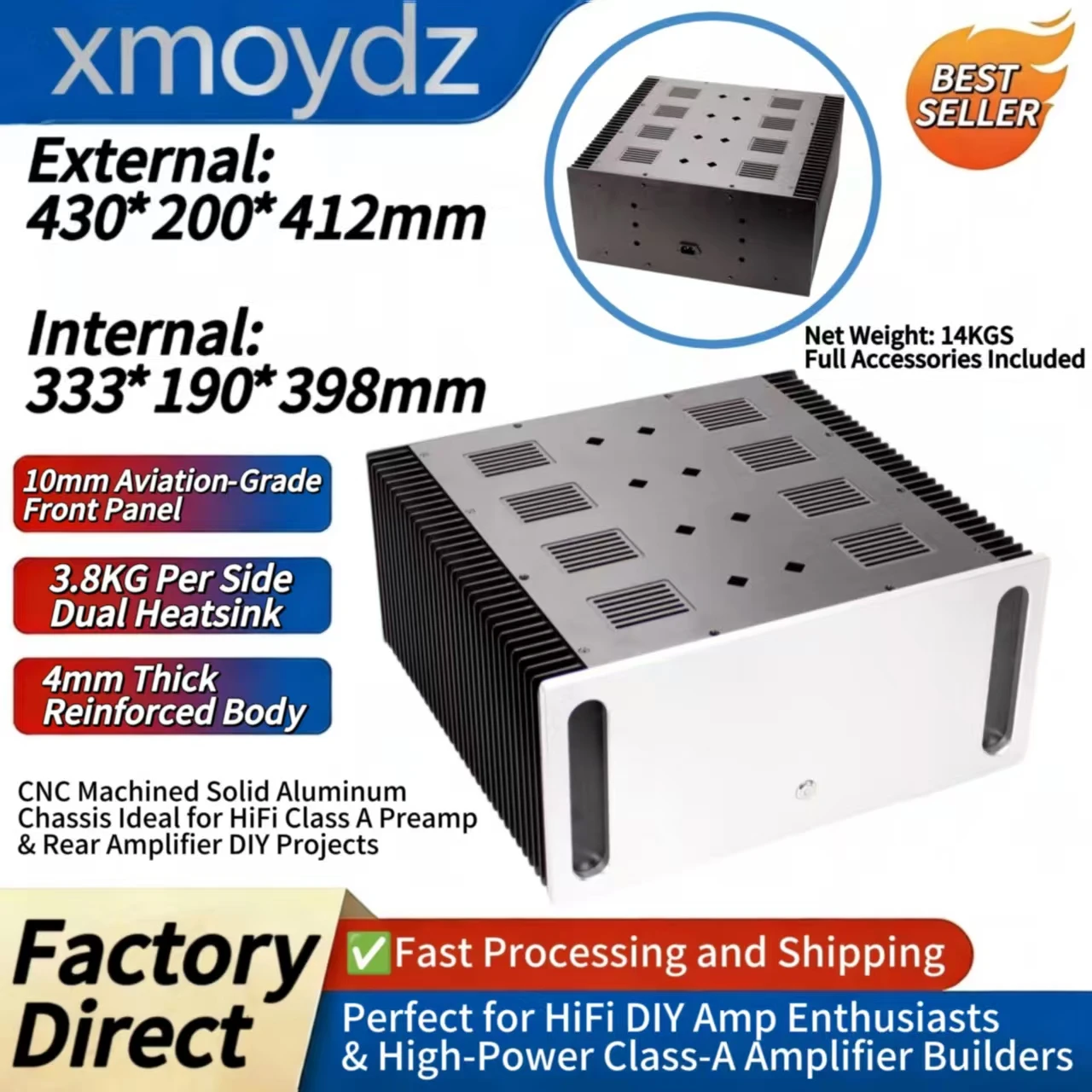 

Корпус для Hi-Fi усилителя DIY из алюминия, 430*200*412 мм, класс A, с двойным задним радиатором, матовый, внутренние размеры 333*190*398 мм