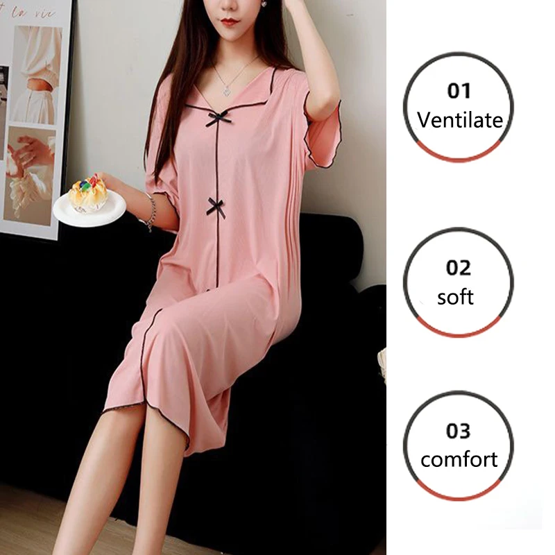 Ice Silk Nightgown Homewear Women Loose Short-Sleeved Nightgown Cardigan Leisure Long Skirt Half-Sleeved Sexy Ice Silk Korean Ve