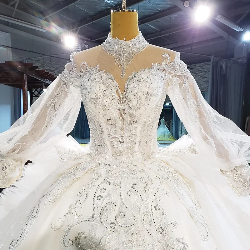 Customized High Neck Crystals Lace Embroidery Puffy Princess Church Bridal Gown Long Sleeves Corset Back Ballgown Wedding Gowns