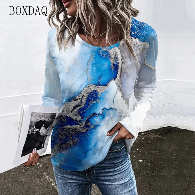 S-6XL Plus Size Women Clothing Long Sleeve T-Shirts Spring Autumn Tie-dye Gradient 3d Print Street Ladies Tees Loose Casual Tops