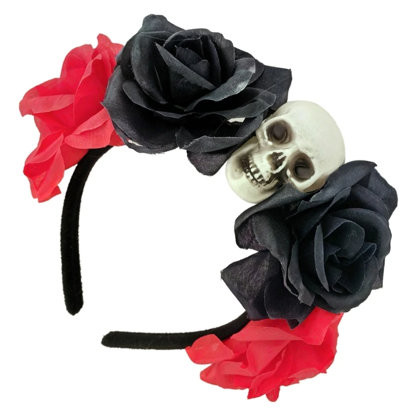 YQ Gothic Skull Witch Party Rose Hair Hoop Halloween Skull Role Play Costume Proms Party Live Show Headwear