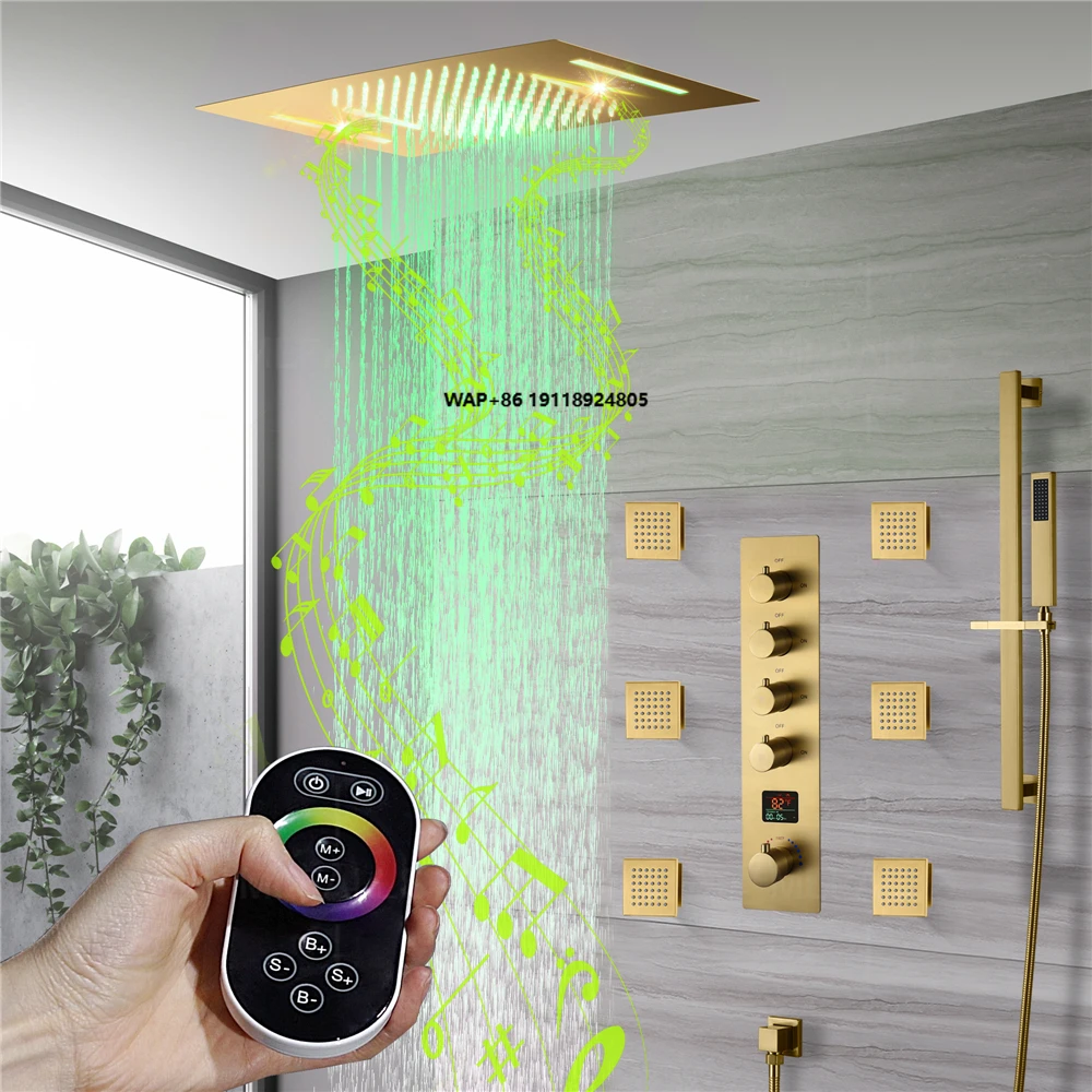 

НОВЫЙ 4-функциональный термостатический душевой смеситель с LED-дисплеем и музыкой, цвет матовое золото, настенный термостатический душевой комплект