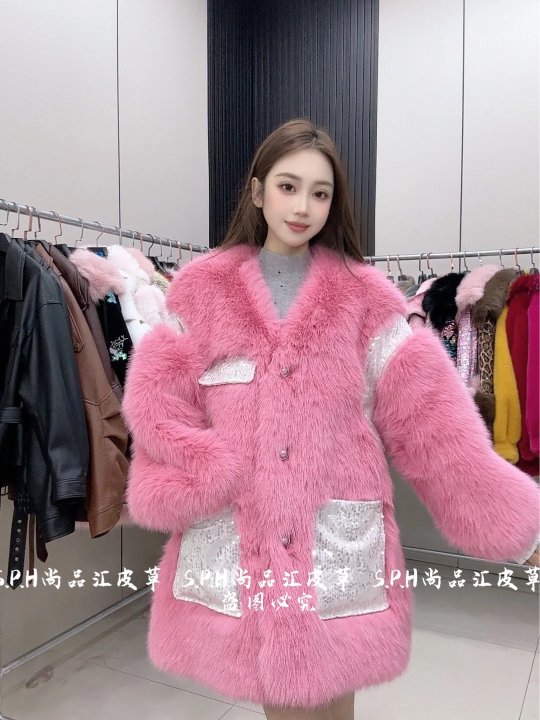 Detachable Long Sleeve Women's Winter Thick Heavy Sequin Faux Fur Coat 2025 Winter Coat Women Pocket Sequin Pink Jacket