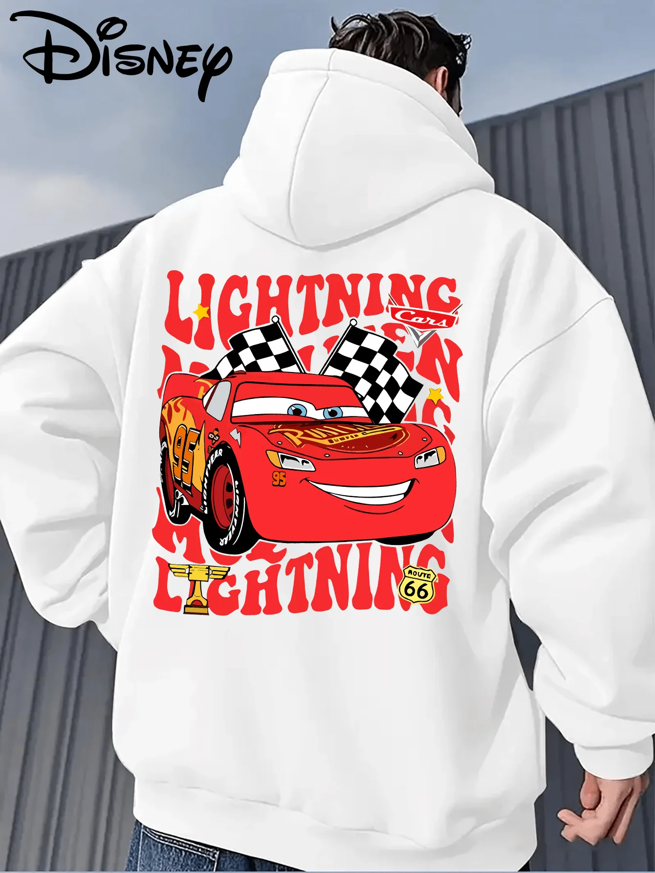 Felpa con cappuccio Disney Cars Lightning McQueen Felpa pullover con stampa grafica da corsa Giacca da strada casual in pile autunno/inverno rilassata
