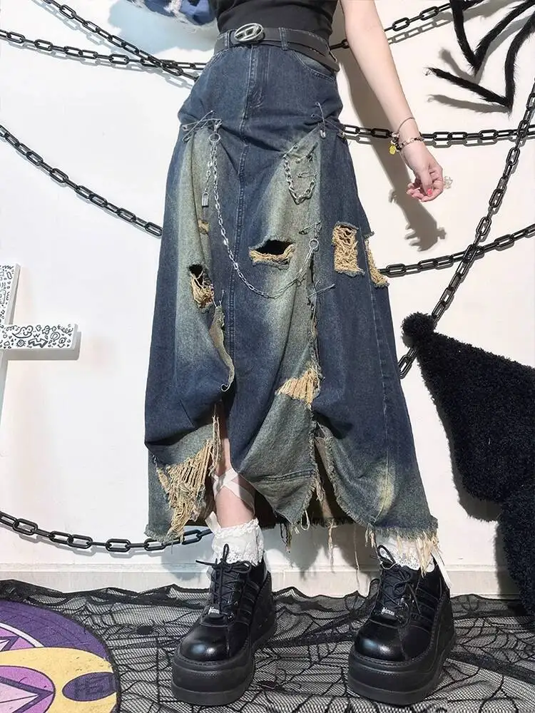 Denim Skirts 2026 New American Style Women Distressed Slit Long Denim Skirt High Quality Hollow Out Fashion Maxi Jean Dress