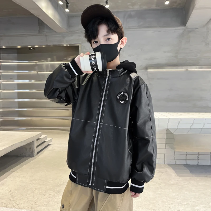 

Boys Leather Jacket Spring and Autumn Hooded Children's Clothes Trendy Black Kids Leather Jacket RM52