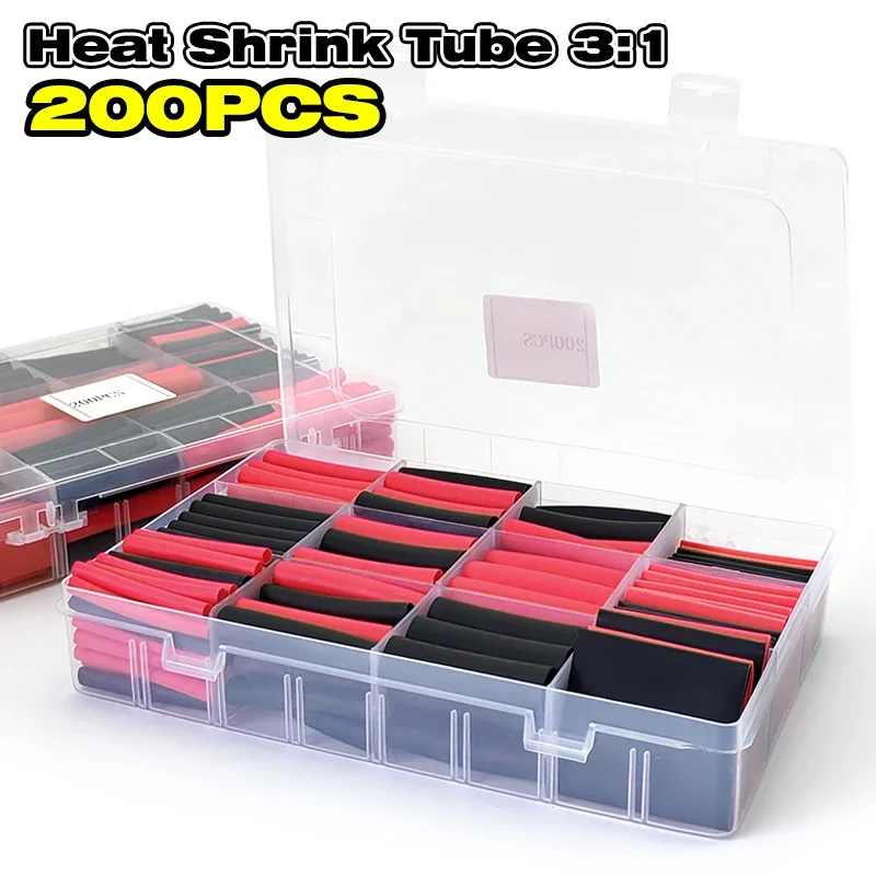200Pcs Black Red 3:1 Shrinkage Heat Shrink Tubing Polyolefin Waterproof Sleeve Wiring Harness Insulation Protection Cover