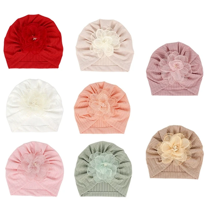 Gorro de gasa con flores para bebé, turbante con flores para el pelo para recién nacido, gorro indio liso encantador, accesorios para el cabello para niños pequeños