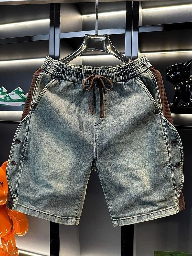 

Summer Men's Denim Shorts American Vintage Style High Street Loose Fit Washed Distressed Patchwork Casual Knee Length Shorts