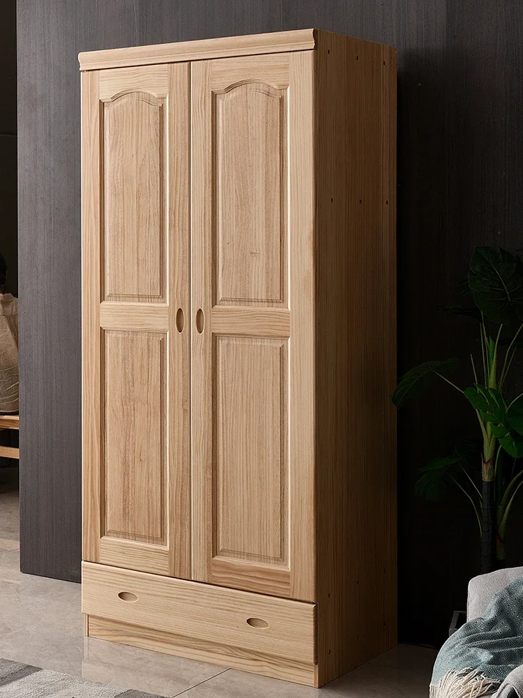 Solid wood wardrobe Simple pine Two doors Three doors Children's adult swing door wardrobe Log color storage wardrobe