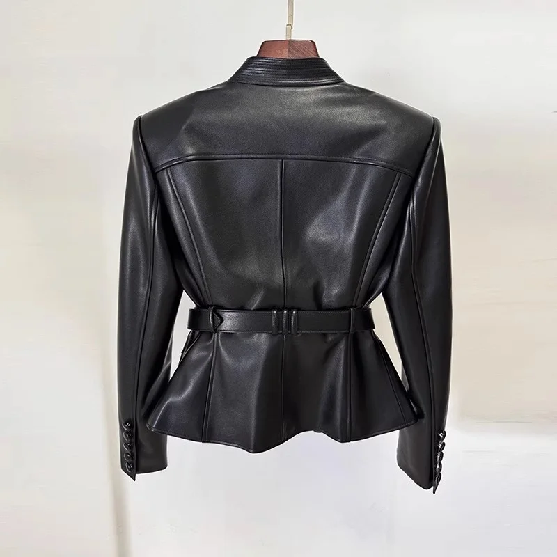 Veste d'automne en cuir PU pour femmes, col en v, taille haute, à lacets, y2k, haute qualité, à la mode, rétro, pour moto