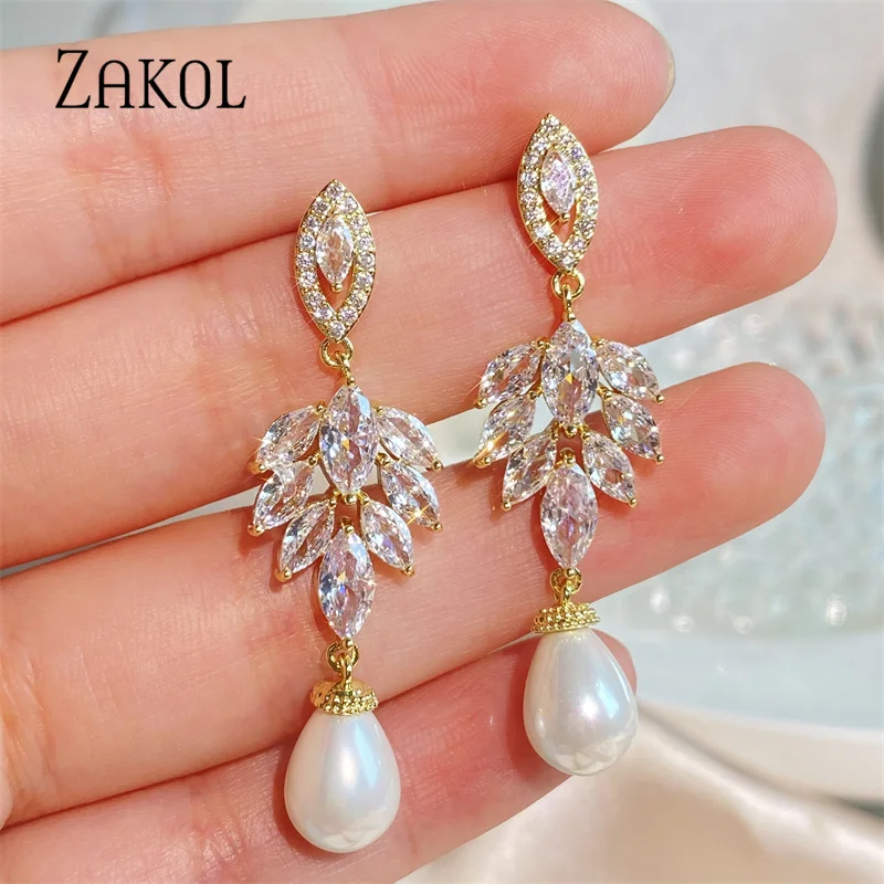 ZAKOL Elegant Cubic Zirconia Leaf Dangle Earrings for Women Luxury Imitation Pearls Bridal Earring Wedding Jewelry