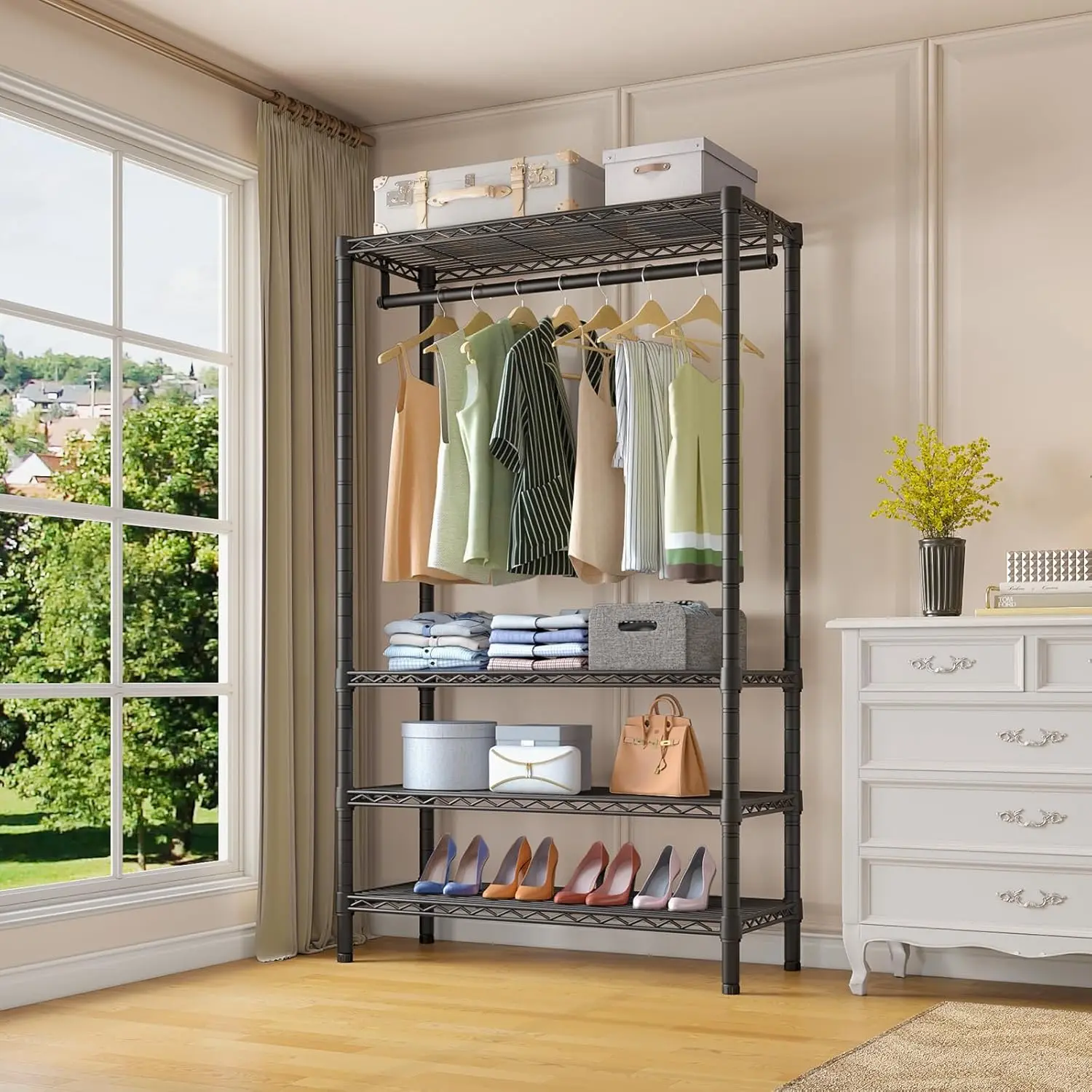 Rack 4 Tiers Heavy Duty Clothes Rack for Hanging Clothes Large Clothing Rack Freestanding Closet with Hanging Rod, 35.4'' L X 15