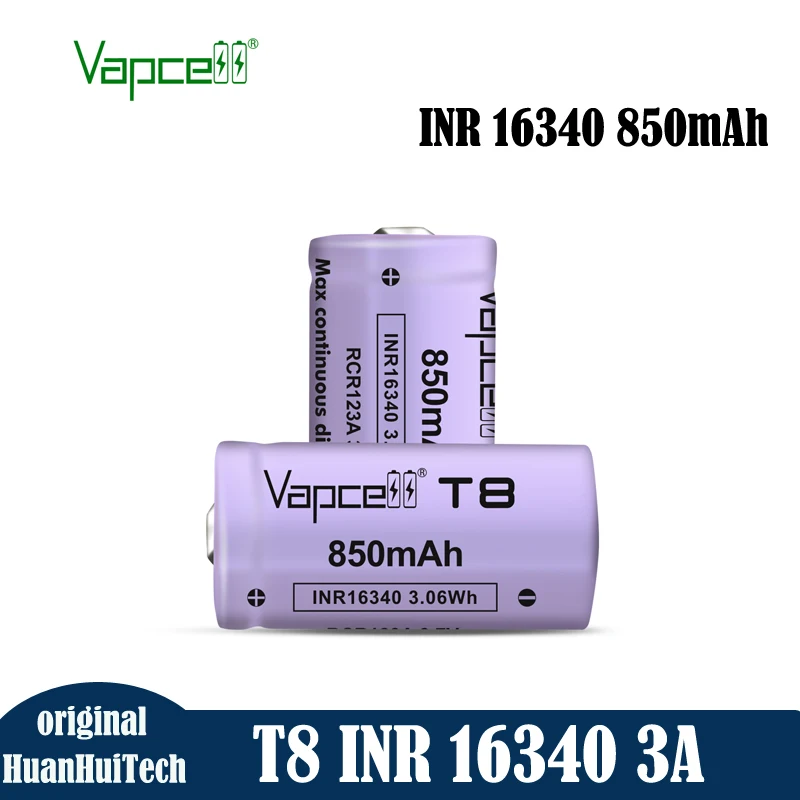 

Original Vapcell T8 INR 16340 Battery Capacity 850mAh 3A 3.7V Rechargeable 16340 LI-ION Batteries For Power Tools Flashlight