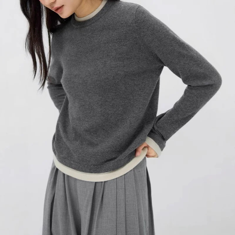

American Retro Two-Piece Knitted Bottoming Shirt Women's Autumn and Winter Contrast Color round Neck Inner Wear Sweater Ban