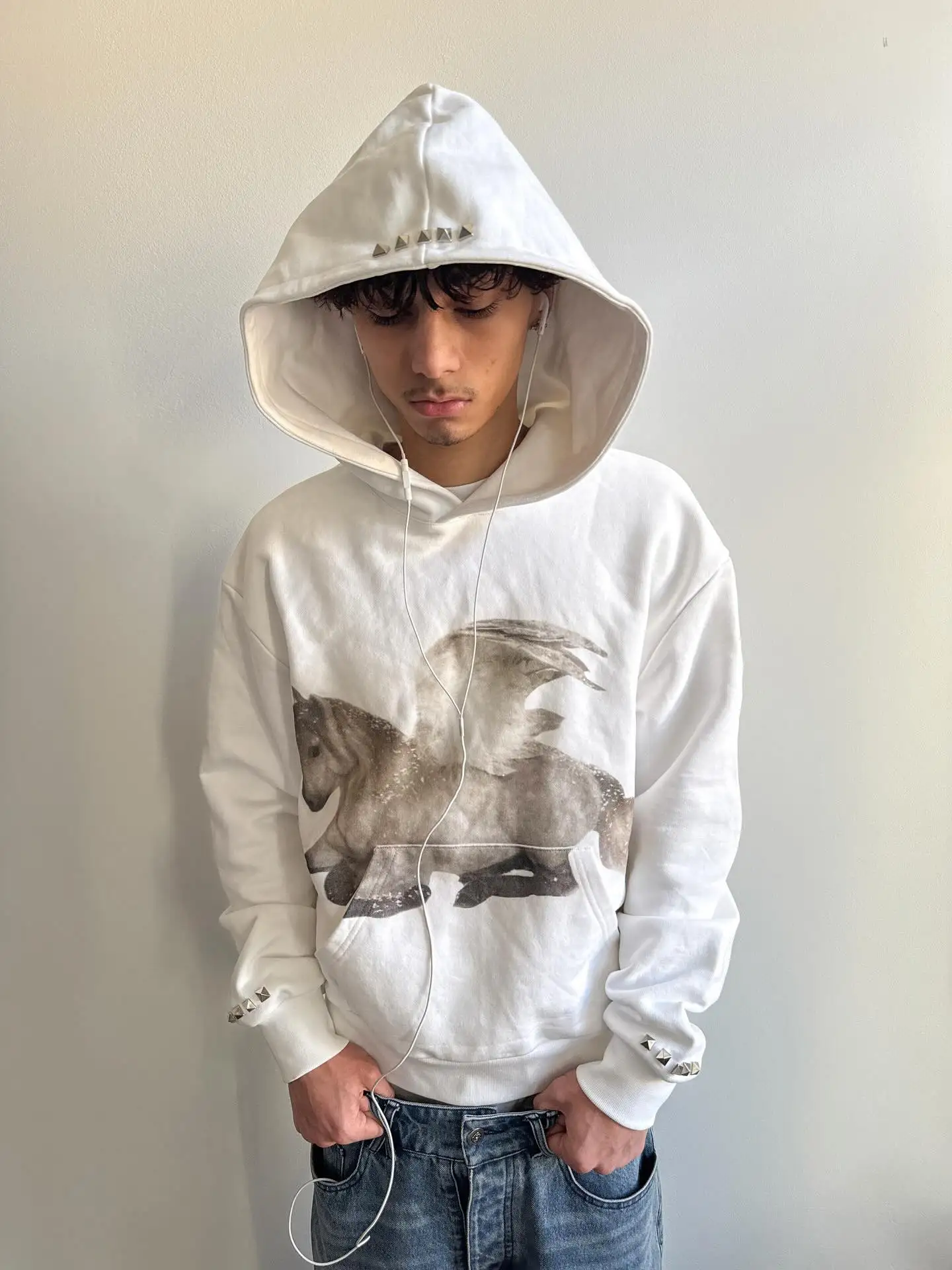 Y2K Flying Horse Hoodies Damen Reines Weißes Stoff-Sweatshirt Herren Damen Mode Kunst Einfache Streetwear Unisex Oversized Kleidung