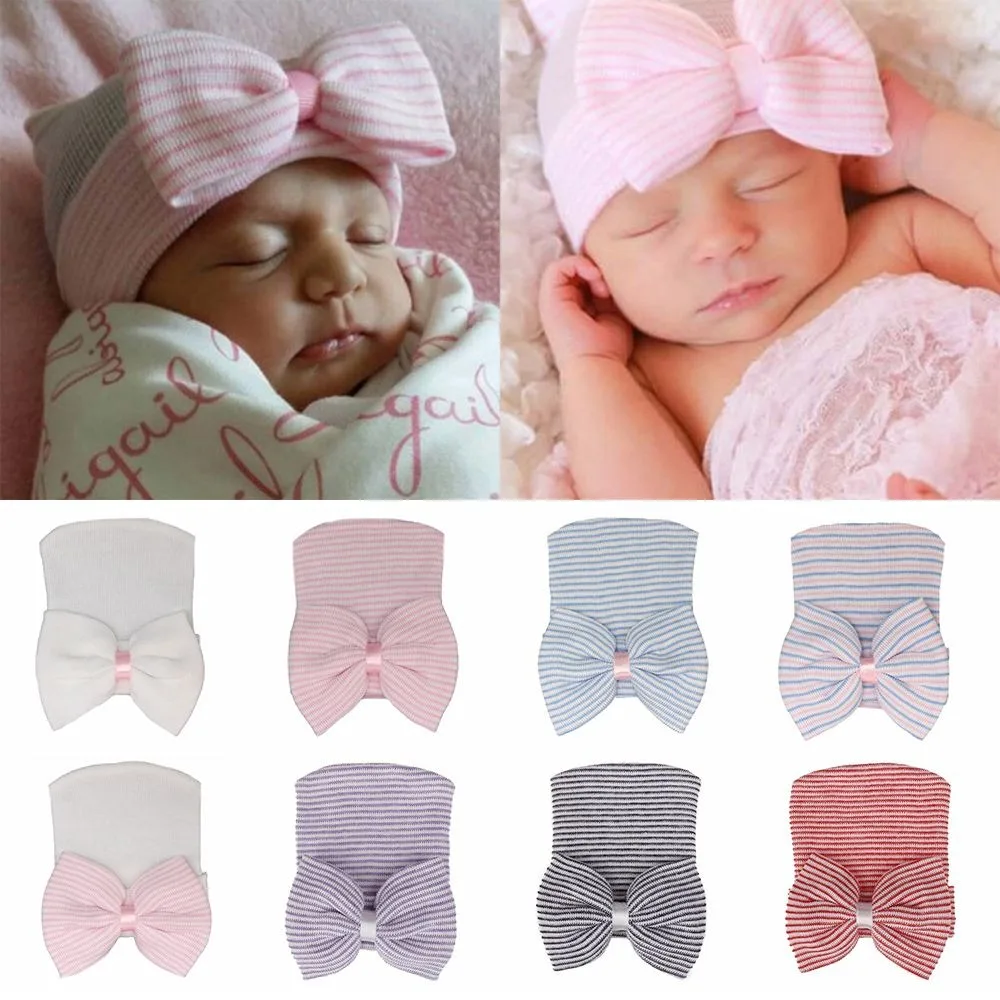 Newborn Hospital Hat Baby Hats Nursery Beanie Cap with Bow Cute Stripe Infant Hat Soft Turban Hats for Baby Girls