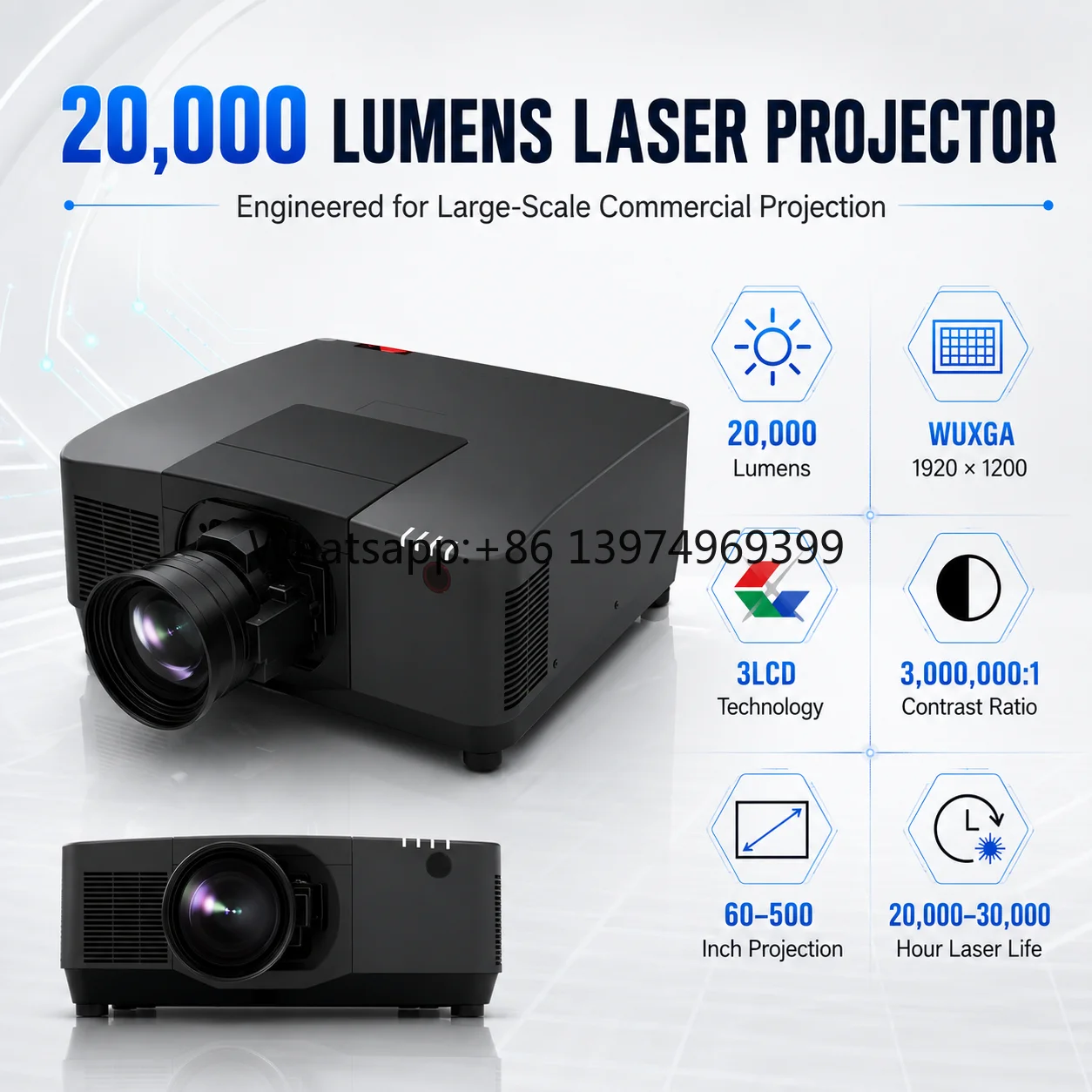 Professional 20000 Lumens Installation Laser Projector with WUXGA Resolution and Optional Motorized Lens