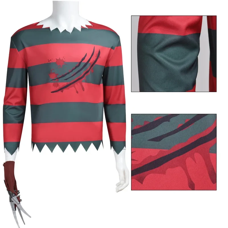 UUI13PCS Freddy Krueger Cosplay Costume Men Women Red Black Stripes Dress Top Hat Halloween Gloves With Sharp ClawsM[[62 - view 4