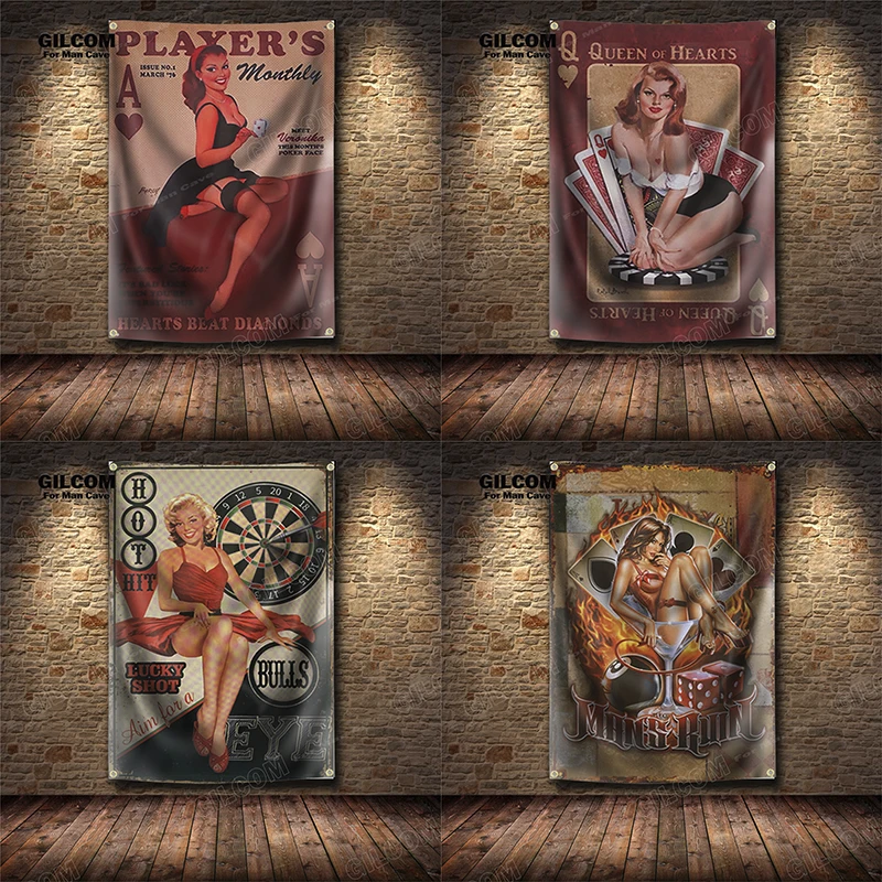 Sexy lady Las Vegas Banner Flag  Motorcyclist Poster Wall Art  AD Vintage Sign Dark  Motor Car Man Cave Garage Pub Club Bar