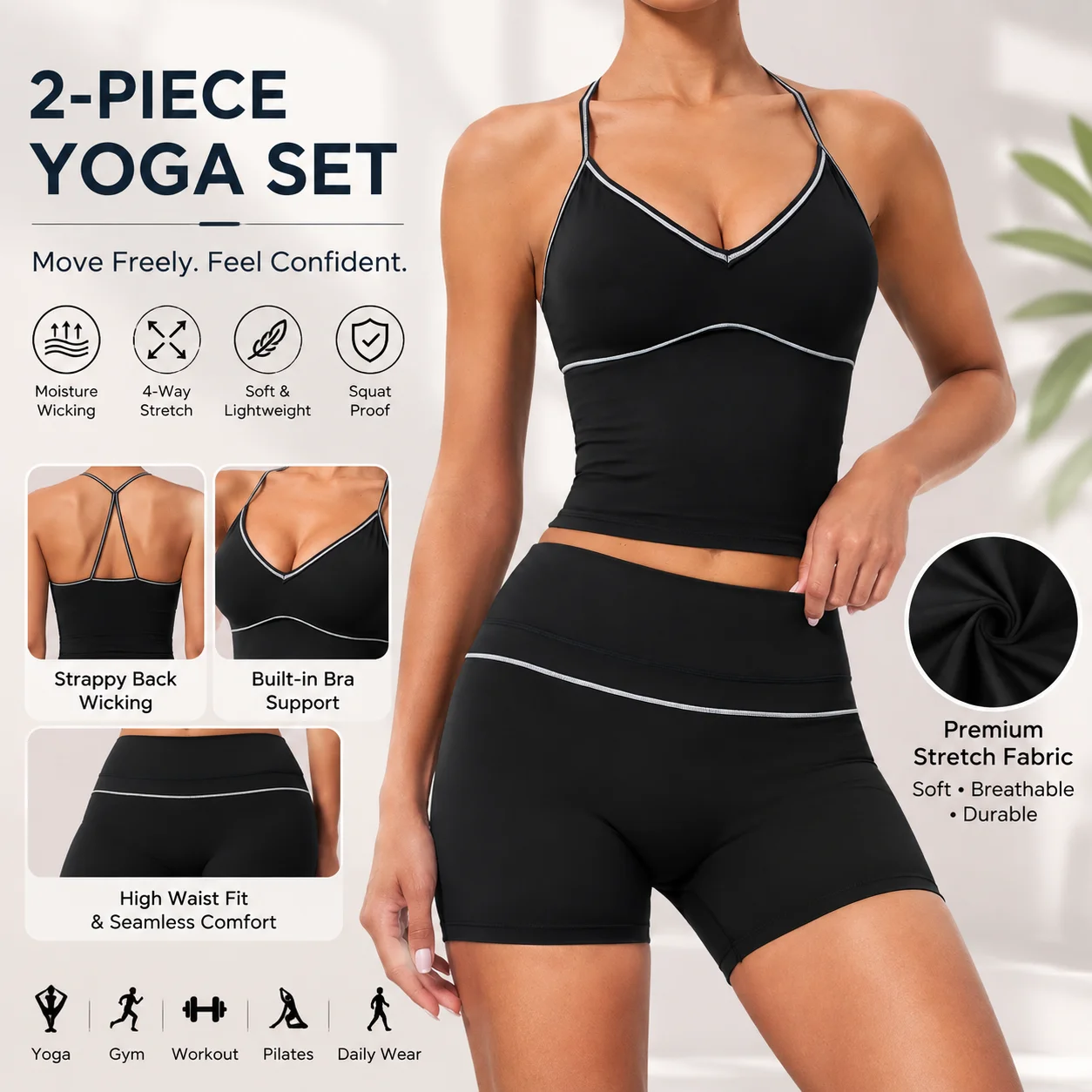 Women's Contrast Piping Spaghetti Strap Longline Crop Top and High Waist Seamless Biker Shorts Set 2-Piece Yoga Workout Outfit w