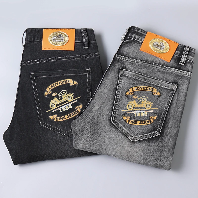 2024 new MEN'S jeans high end Grey light business straight fit elastic versatile digital print embroidered washed casual denim