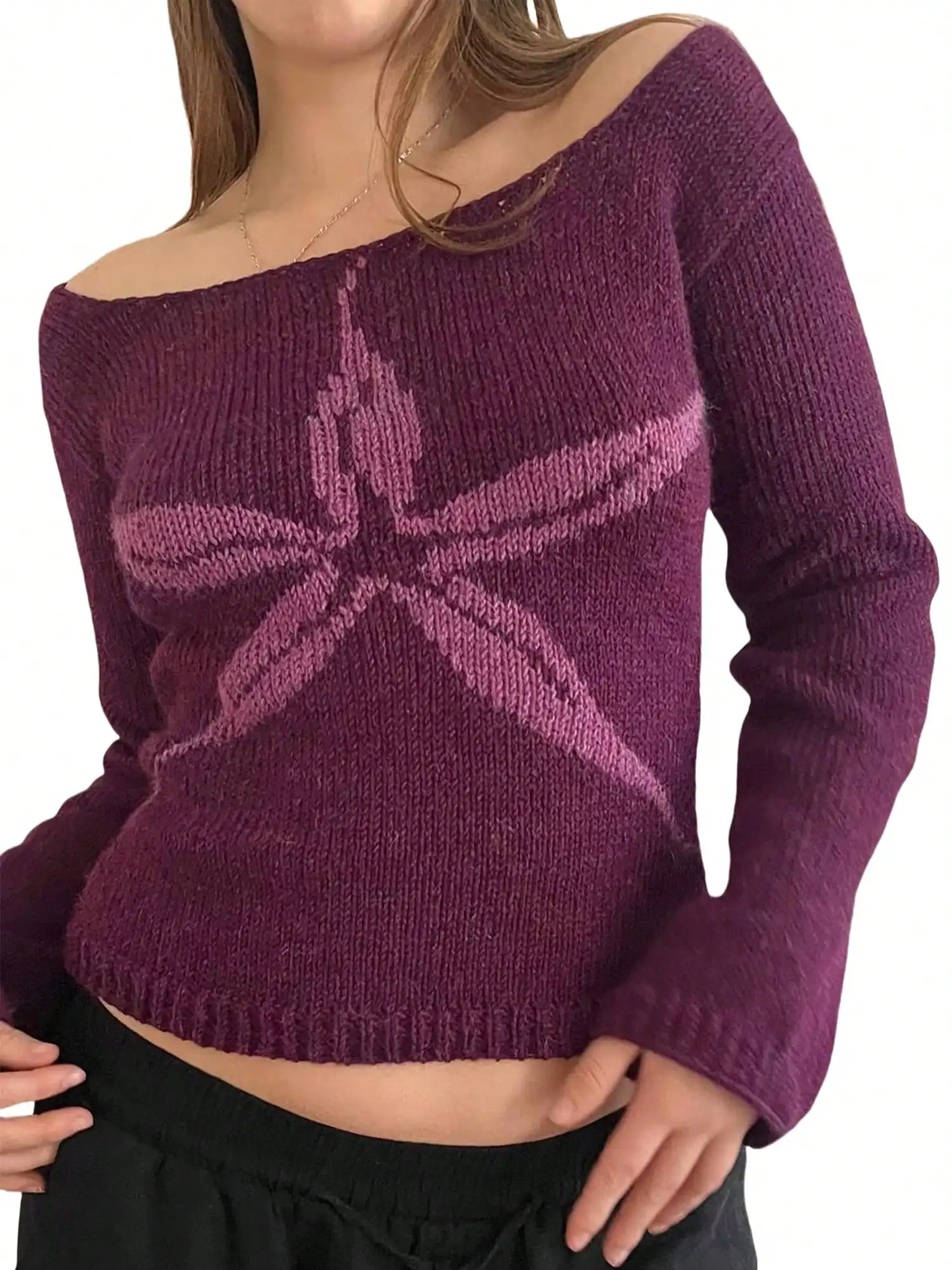 

WomenY2k Off The Shoulder Sweater Slim Fit Graphic Print Long Sleeve Knit Crop Tops Fairy Grunge Vintage Pullover Streetwear E