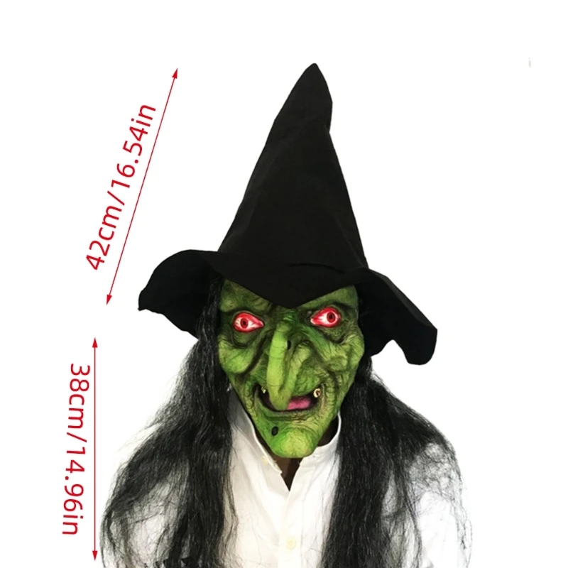 Green Witch Mask Halloween Latex Wizard Mask with Black Wigs Hat Scary Old Witch Head Mask Long Hair Mask for Costumes