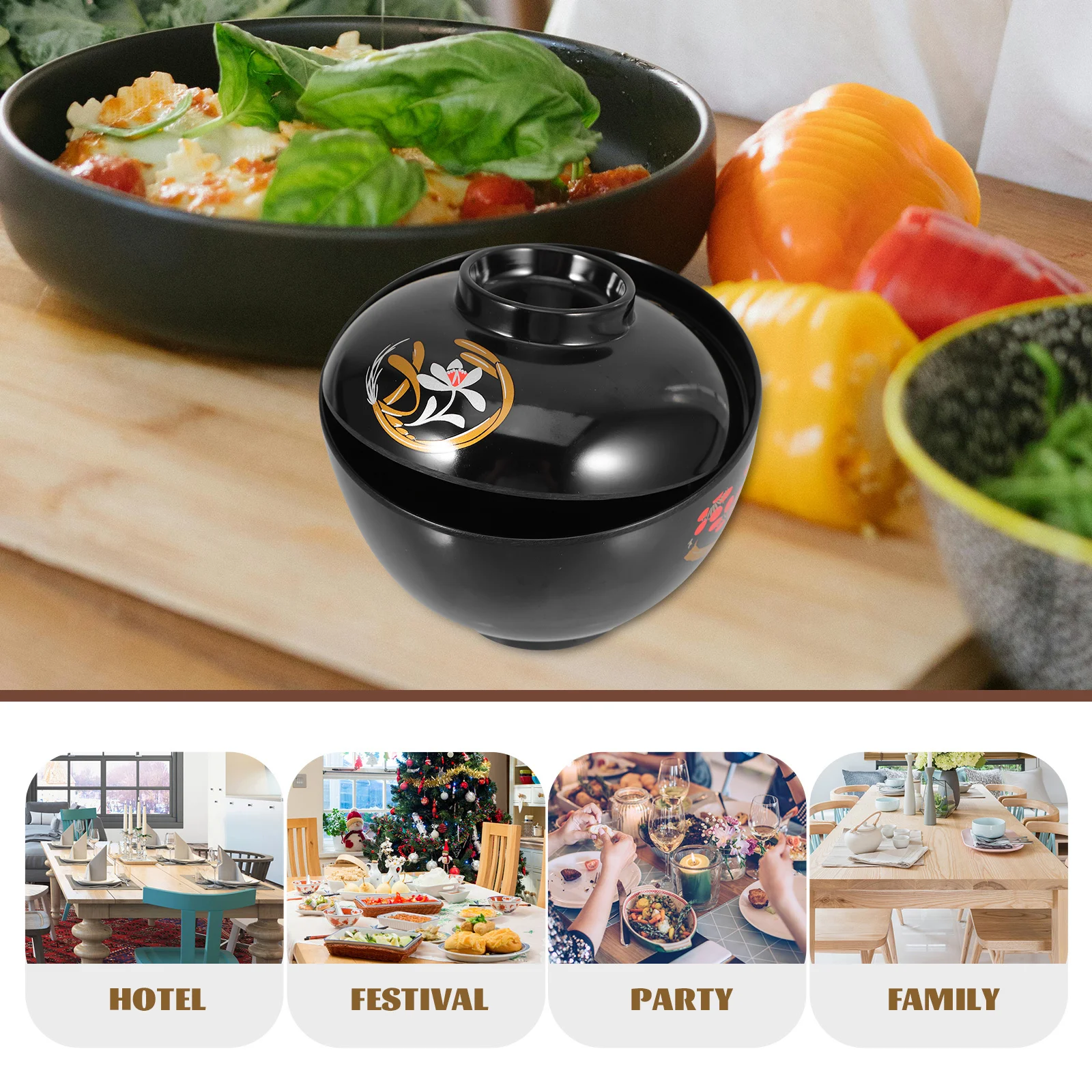 Japanese Soup Bowl Traditional Lidded Food Container Lightweight Non-Slip Kitchen Dining Rice Bowl for Home Restaurant Use