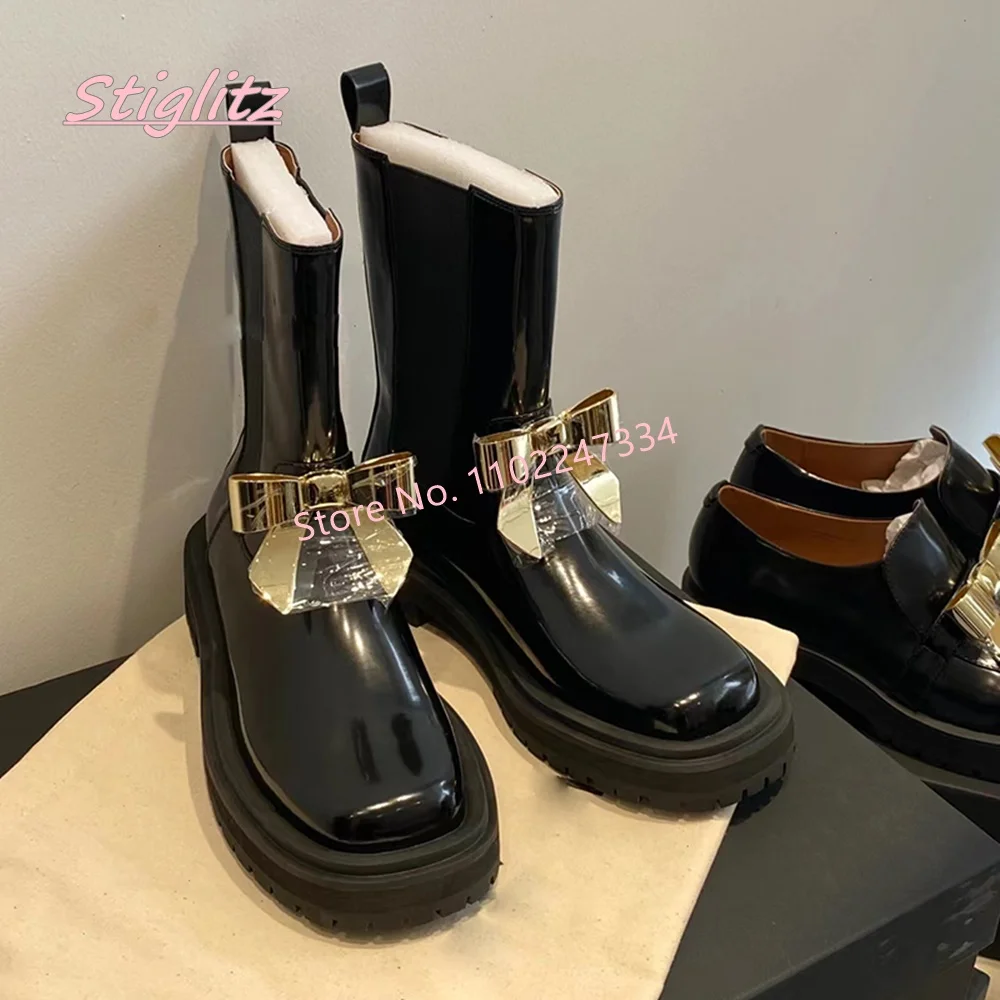 

New Black Chelsea Ankle Boots Women's Luxury Brand Autumn Gold Rosette Round Toe Platform footwear Commute Stretch Shoes