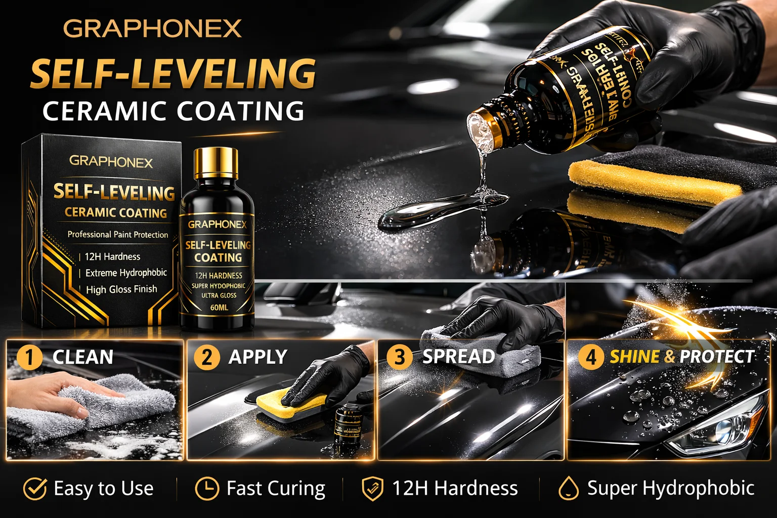 GRAPHONEX 12H Self-Leveling Ceramic Coating 60ML Professional Car Paint Protection for New Old Cars Extreme Hydrophobic High