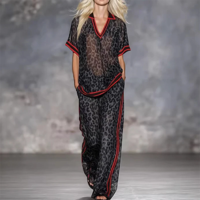 Summer Casual Outfits Female Leopard Print Stripe Contrast Color Two Piece Set for Women Short Sleeve Top & Wide Leg Pants