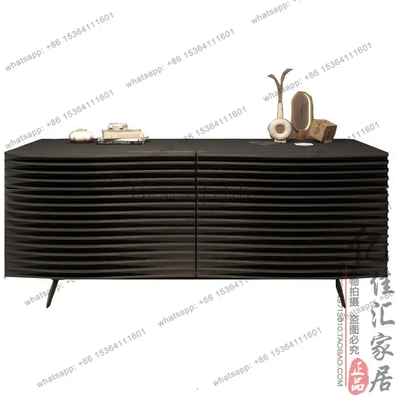 

Light luxury creative dining side cabinet black paint matte woodworking artificial door panel living room entrance hall cabinet