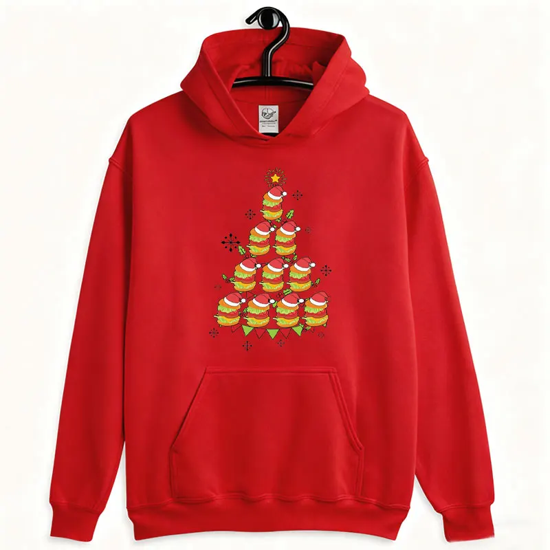 مضحك برغر شجرة عيد الميلاد للجنسين البلوز عشاق شجرة عيد الميلاد هوديي الرجعية الوجبات السريعة العصرية عيد الميلاد تشيز برجر البلوز