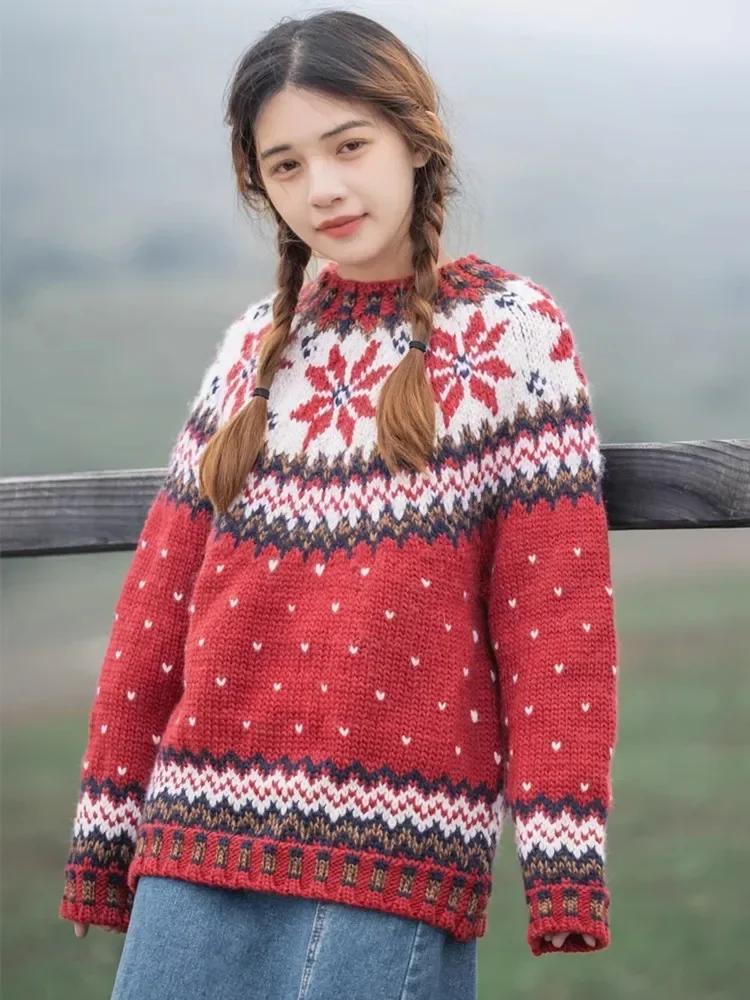 102cm bust Fall Winter Red Christmas Sweaters Women Hand Knitted Fair Isle Fashion Vintage Handmade 100%Wool Pullover Jumpers