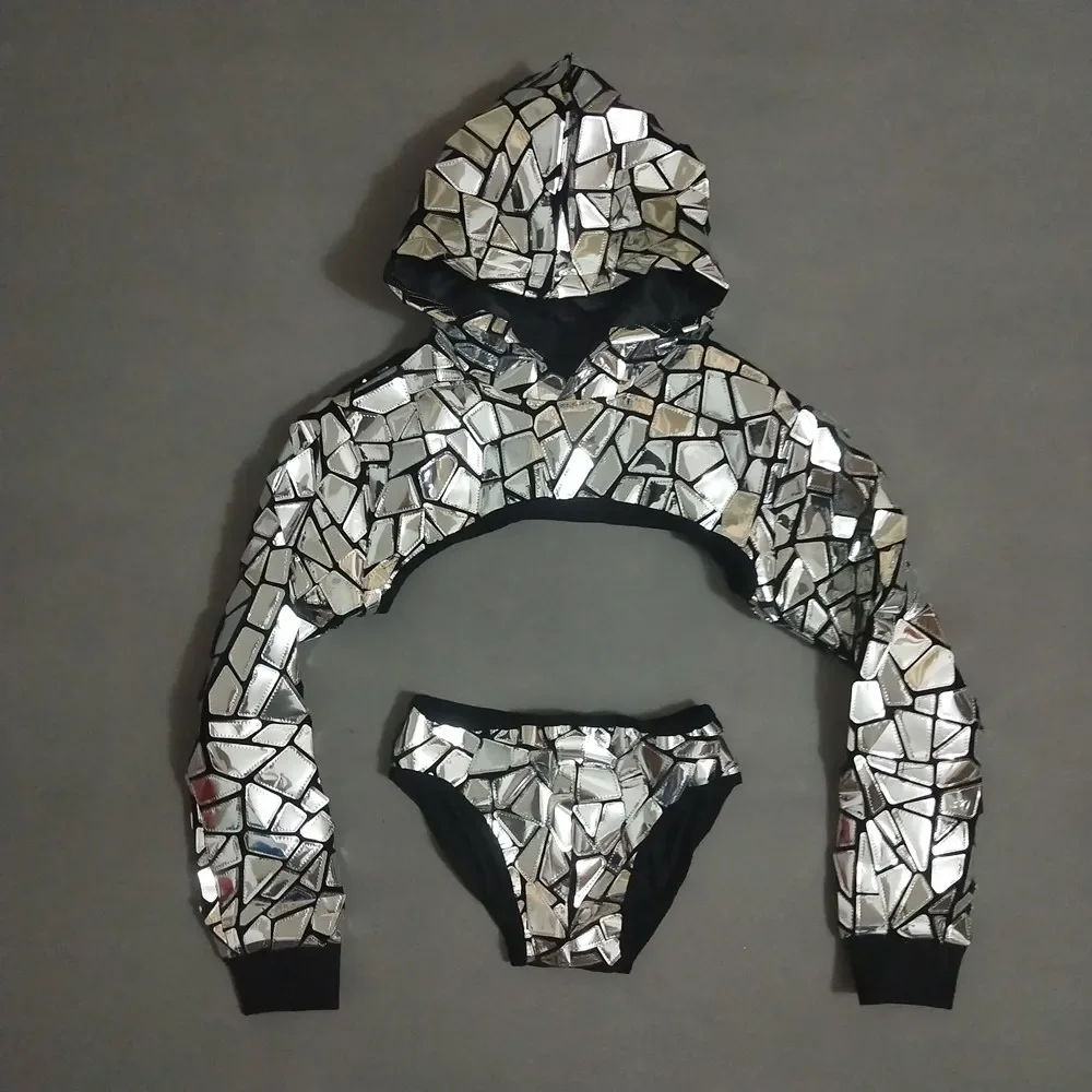 バーナイトクラブ男性DJゴーゴーセクシーコスチュームシルバーグリッターレーザースパンコールフード付きトップスショーツ2ピースセットクラブパーティーショーステージウェア