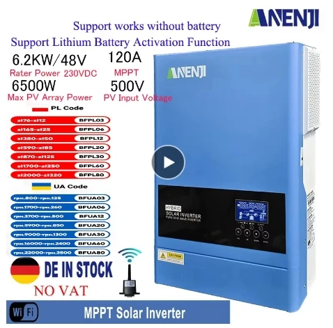 6.2KW Hybrid Solar Inverter 230V 48V Pure Sine Off Grid Inverter 120A MPPT Solar Charge Controller for PV Solar Panels